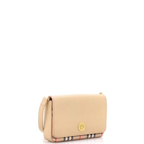 Burberry Mini Note Crossbody Bag Leather with Vintage Check Canvas - Picture 2 of 6